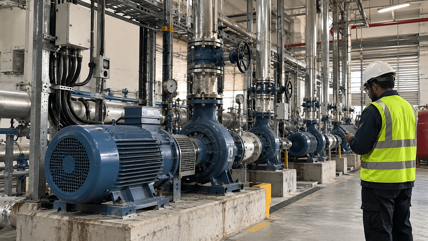 Engineer with a tablet inspecting industrial pump motors, the kind of asset this case study monitors