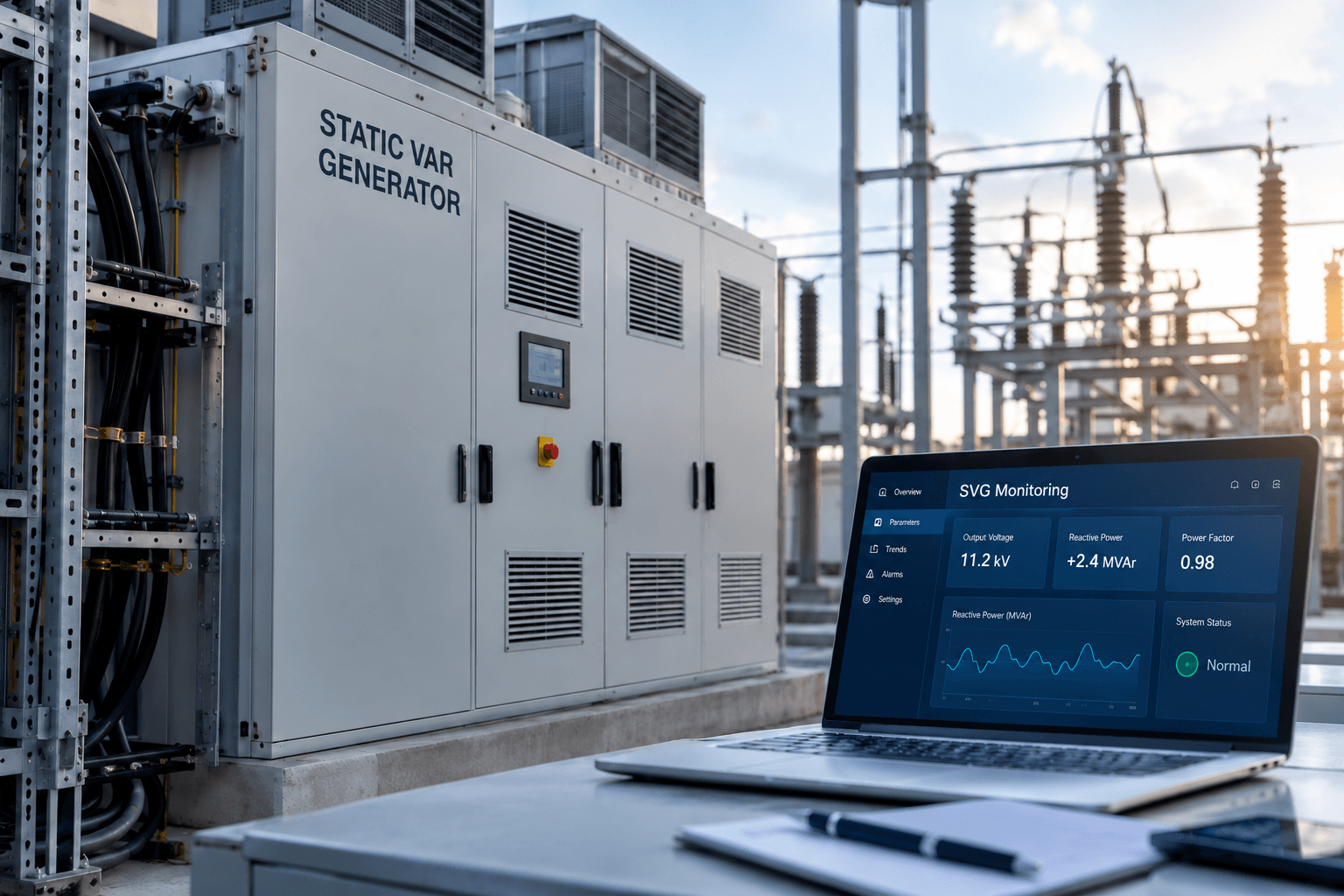 Static Var Generator cabinet at a substation, with a laptop showing live SVG monitoring: output voltage, reactive power and power factor