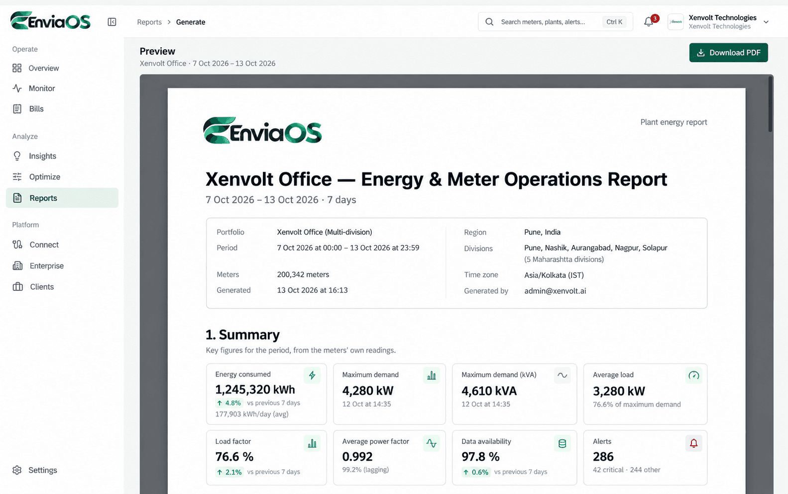 EnviaOS report preview showing a branded energy and meter operations report ready to download as PDF